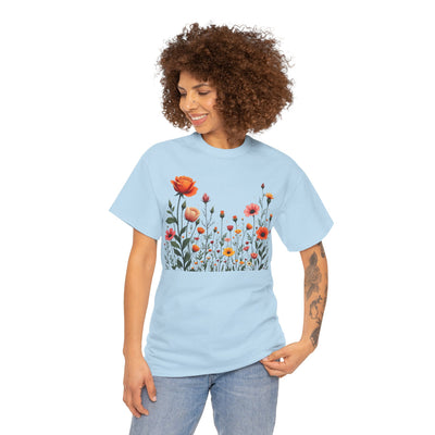 Wildflowers and Orange Roses, Graphic T-Shirts for Women, Floral Shirt, Womens Short Sleeve, Ladies Graphic Tees #5042TTS
