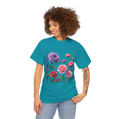 Wildflowers and Pink/Violet Roses, Graphic T-Shirts for Women, Floral Shirt, Womens Short Sleeve, Ladies Graphic Tees #5100TTS