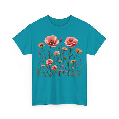 Wildflowers and Pink Roses, Graphic T-Shirts for Women, Floral Shirt, Womens Short Sleeve, Ladies Graphic Tees #5015TTS