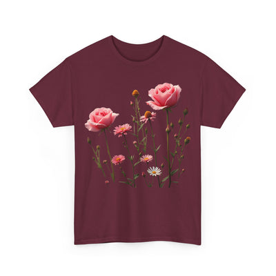 Wildflowers and Pink Roses, Graphic T-Shirts for Women, Floral Shirt, Womens Short Sleeve, Ladies Graphic Tees #5018TTS