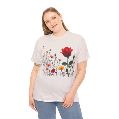 Wildflowers and a Red Rose, Graphic T-Shirts for Women, Floral Shirt, Womens Short Sleeve, Ladies Graphic Tees #5006TTS