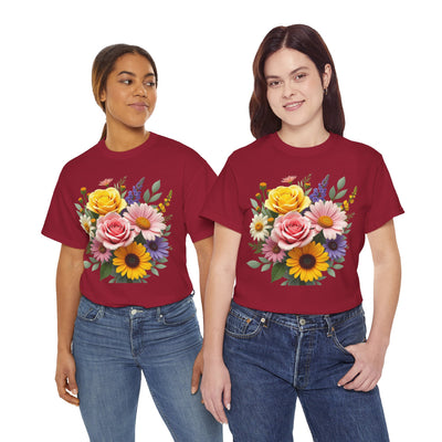 Wildflowers and Pink & Yellow Roses, Graphic T-Shirts for Women, Floral Shirt, Womens Short Sleeve, Ladies Graphic Tees #5145TTS