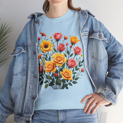 Wildflowers and Pink & Yellow Roses, Graphic T-Shirts for Women, Floral Shirt, Womens Short Sleeve, Ladies Graphic Tees #5139TTS