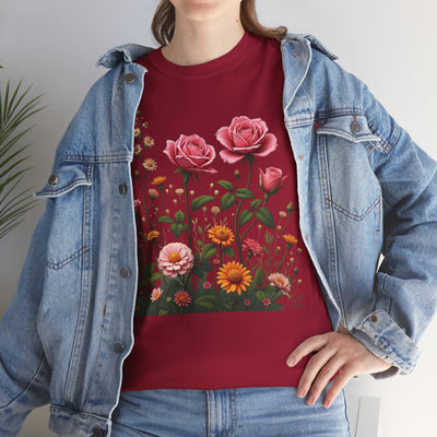 Wildflowers and Pink Roses, Graphic T-Shirts for Women, Floral Shirt, Womens Short Sleeve, Ladies Graphic Tees #5013TTS