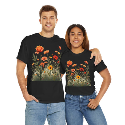Wildflowers and Orange Roses, Graphic T-Shirts for Women, Floral Shirt, Womens Short Sleeve, Ladies Graphic Tees #5045TTS