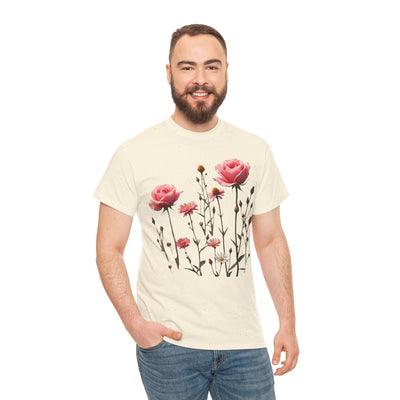 Wildflowers and Pink Roses, Graphic T-Shirts for Women, Floral Shirt, Womens Short Sleeve, Ladies Graphic Tees #5018TTS
