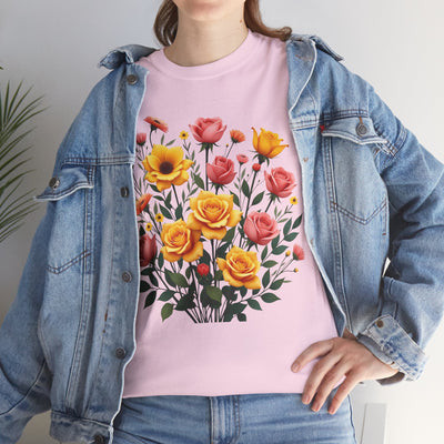 Wildflowers and Pink & Yellow Roses, Graphic T-Shirts for Women, Floral Shirt, Womens Short Sleeve, Ladies Graphic Tees #5139TTS