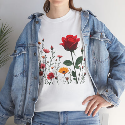Wildflowers and a Red Rose, Graphic T-Shirts for Women, Floral Shirt, Womens Short Sleeve, Ladies Graphic Tees #5006TTS