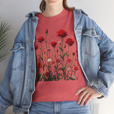 Wildflowers and Red Roses, Graphic T-Shirts for Women, Floral Shirt, Womens Short Sleeve, Ladies Graphic Tees #5035TTS