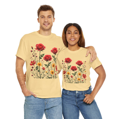 Wildflowers and Red Roses, Graphic T-Shirts for Women, Floral Shirt, Womens Short Sleeve, Ladies Graphic Tees #5034TTS