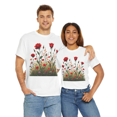 Wildflowers and Red Roses, Graphic T-Shirts for Women, Floral Shirt, Womens Short Sleeve, Ladies Graphic Tees #5032TTS