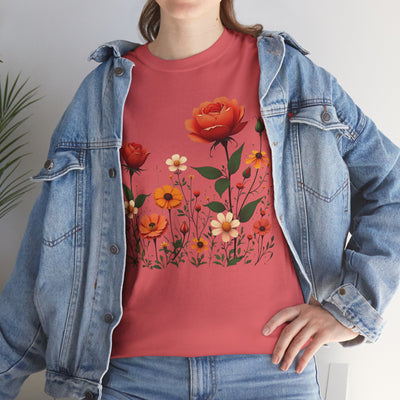 Wildflowers and Orange Roses, Graphic T-Shirts for Women, Floral Shirt, Womens Short Sleeve, Ladies Graphic Tees #5043TTS