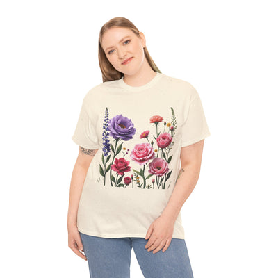 Wildflowers and Pink/Violet Roses, Graphic T-Shirts for Women, Floral Shirt, Womens Short Sleeve, Ladies Graphic Tees #5100TTS