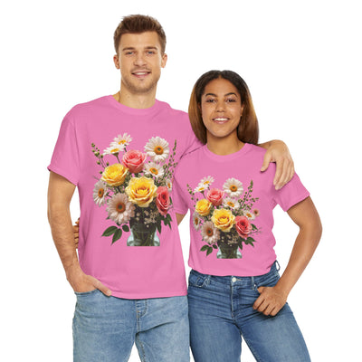 Wildflowers and Pink & Yellow Roses, Graphic T-Shirts for Women, Floral Shirt, Womens Short Sleeve, Ladies Graphic Tees #5136TTS