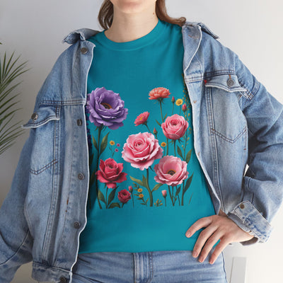 Wildflowers and Pink/Violet Roses, Graphic T-Shirts for Women, Floral Shirt, Womens Short Sleeve, Ladies Graphic Tees #5100TTS