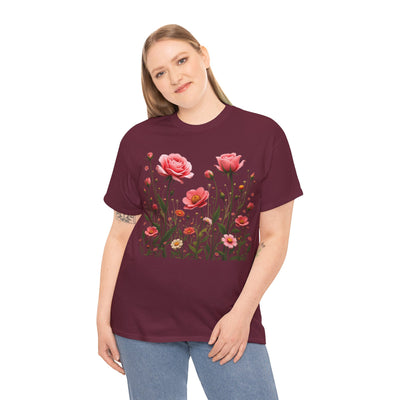 Wildflowers and Pink Roses, Graphic T-Shirts for Women, Floral Shirt, Womens Short Sleeve, Ladies Graphic Tees #5022TTS