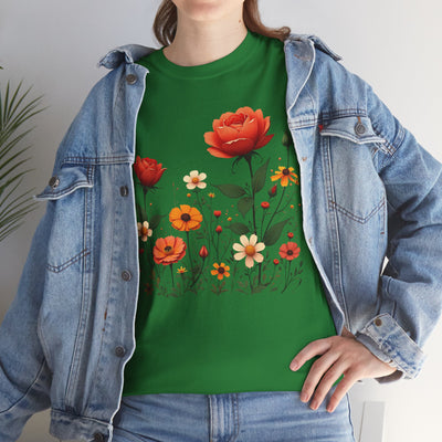 Wildflowers and Orange Roses, Graphic T-Shirts for Women, Floral Shirt, Womens Short Sleeve, Ladies Graphic Tees #5043TTS