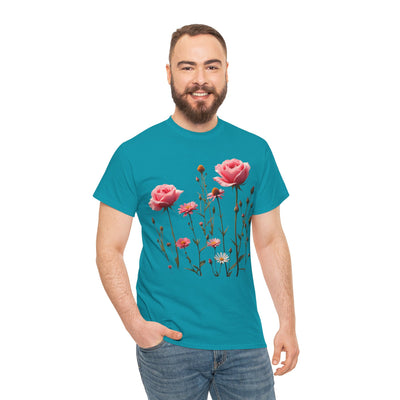 Wildflowers and Pink Roses, Graphic T-Shirts for Women, Floral Shirt, Womens Short Sleeve, Ladies Graphic Tees #5018TTS