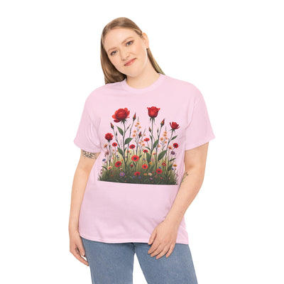 Wildflowers and Red Roses, Graphic T-Shirts for Women, Floral Shirt, Womens Short Sleeve, Ladies Graphic Tees #5032TTS