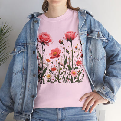 Wildflowers and Pink Roses, Graphic T-Shirts for Women, Floral Shirt, Womens Short Sleeve, Ladies Graphic Tees #5022TTS