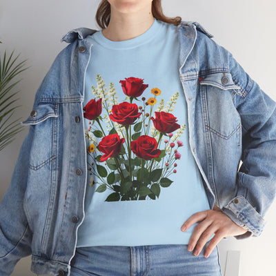 Wildflowers and Red Roses, Graphic T-Shirts for Women, Floral Shirt, Womens Short Sleeve, Ladies Graphic Tees #5128TTS