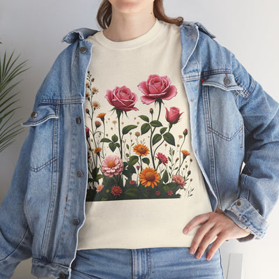 Wildflowers and Pink Roses, Graphic T-Shirts for Women, Floral Shirt, Womens Short Sleeve, Ladies Graphic Tees #5013TTS