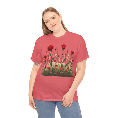 Wildflowers and Red Roses, Graphic T-Shirts for Women, Floral Shirt, Womens Short Sleeve, Ladies Graphic Tees #5032TTS