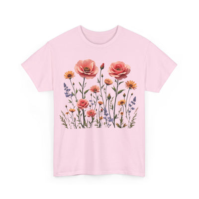 Wildflowers and Pink Roses, Graphic T-Shirts for Women, Floral Shirt, Womens Short Sleeve, Ladies Graphic Tees #5015TTS