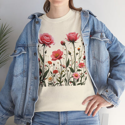 Wildflowers and Pink Roses, Graphic T-Shirts for Women, Floral Shirt, Womens Short Sleeve, Ladies Graphic Tees #5022TTS