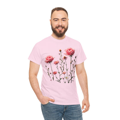 Wildflowers and Pink Roses, Graphic T-Shirts for Women, Floral Shirt, Womens Short Sleeve, Ladies Graphic Tees #5018TTS