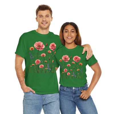 Wildflowers and Pink Roses, Graphic T-Shirts for Women, Floral Shirt, Womens Short Sleeve, Ladies Graphic Tees #5015TTS