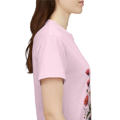 Wildflowers and Pink Roses, Graphic T-Shirts for Women, Floral Shirt, Womens Short Sleeve, Ladies Graphic Tees #5013TTS