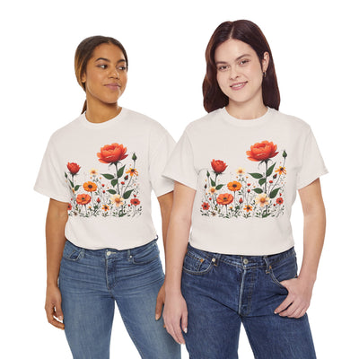 Wildflowers and Orange Roses, Graphic T-Shirts for Women, Floral Shirt, Womens Short Sleeve, Ladies Graphic Tees #5043TTS