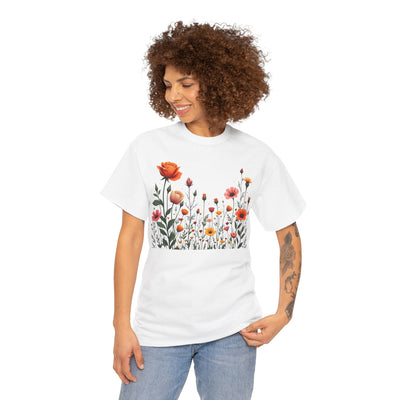 Wildflowers and Orange Roses, Graphic T-Shirts for Women, Floral Shirt, Womens Short Sleeve, Ladies Graphic Tees #5042TTS
