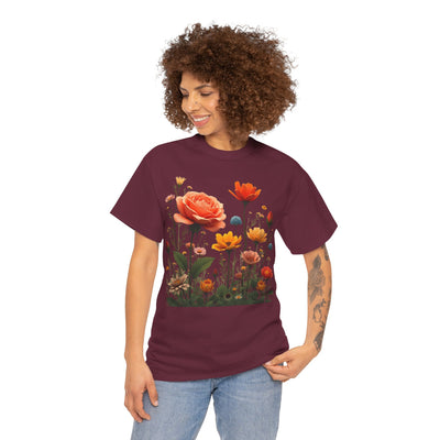 Wildflowers and Orange Roses, Graphic T-Shirts for Women, Floral Shirt, Womens Short Sleeve, Ladies Graphic Tees #5044TTS