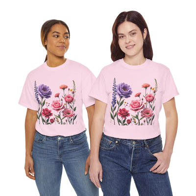 Wildflowers and Pink/Violet Roses, Graphic T-Shirts for Women, Floral Shirt, Womens Short Sleeve, Ladies Graphic Tees #5100TTS
