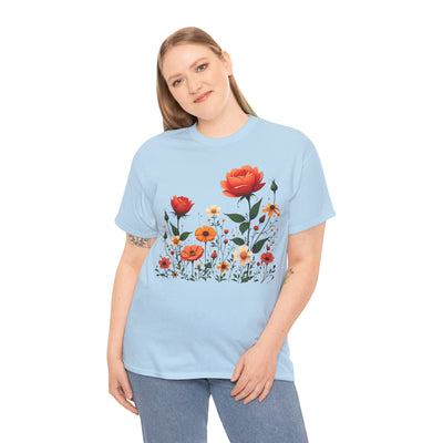 Wildflowers and Orange Roses, Graphic T-Shirts for Women, Floral Shirt, Womens Short Sleeve, Ladies Graphic Tees #5043TTS