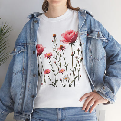 Wildflowers and Pink Roses, Graphic T-Shirts for Women, Floral Shirt, Womens Short Sleeve, Ladies Graphic Tees #5018TTS