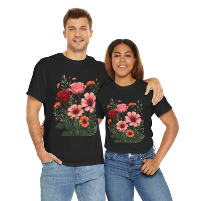 Wildflowers and Pink & Red Roses, Graphic T-Shirts for Women, Floral Shirt, Womens Short Sleeve, Ladies Graphic Tees #5133TTS