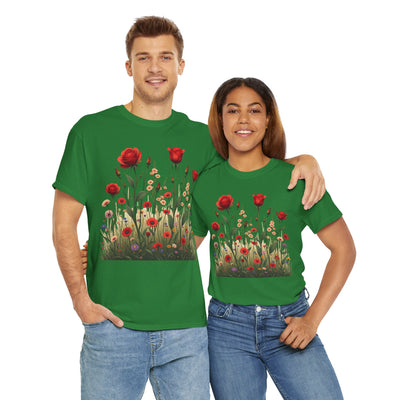 Wildflowers and Red Roses, Graphic T-Shirts for Women, Floral Shirt, Womens Short Sleeve, Ladies Graphic Tees #5032TTS
