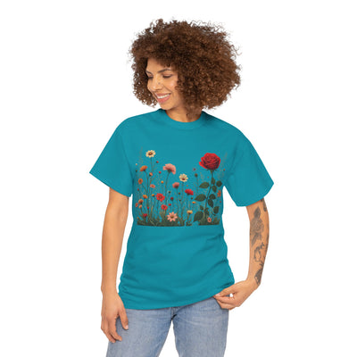 Wildflowers and a Red Rose, Graphic T-Shirts for Women, Floral Shirt, Womens Short Sleeve, Ladies Graphic Tees #5008TTS