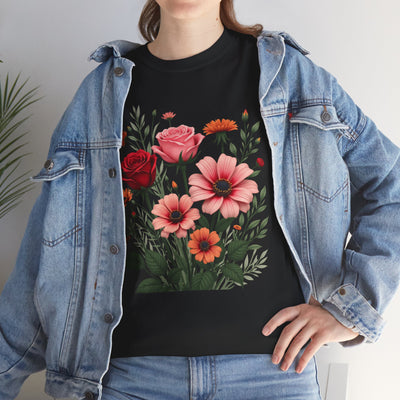 Wildflowers and Pink & Red Roses, Graphic T-Shirts for Women, Floral Shirt, Womens Short Sleeve, Ladies Graphic Tees #5133TTS