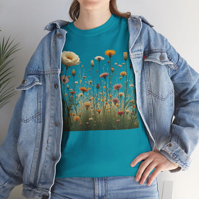 Wildflowers and White Roses, Graphic T-Shirts for Women, Floral Shirt, Womens Short Sleeve, Ladies Graphic Tees #5041TTS