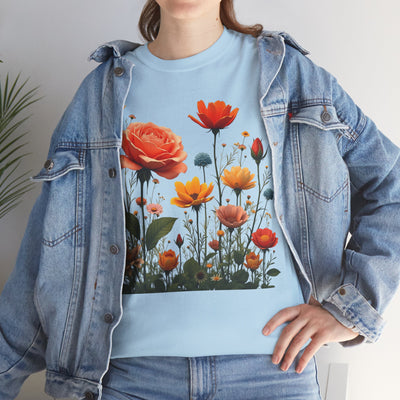 Wildflowers and Orange Roses, Graphic T-Shirts for Women, Floral Shirt, Womens Short Sleeve, Ladies Graphic Tees #5044TTS