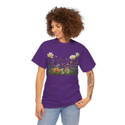Wildflowers and White Roses, Graphic T-Shirts for Women, Floral Shirt, Womens Short Sleeve, Ladies Graphic Tees #5039TTS