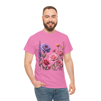 Wildflowers and Pink/Violet Roses, Graphic T-Shirts for Women, Floral Shirt, Womens Short Sleeve, Ladies Graphic Tees #5100TTS