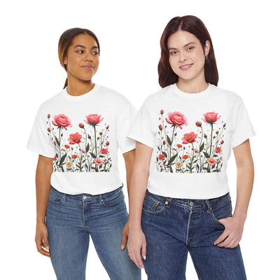 Wildflowers and Pink Roses, Graphic T-Shirts for Women, Floral Shirt, Womens Short Sleeve, Ladies Graphic Tees #5022TTS