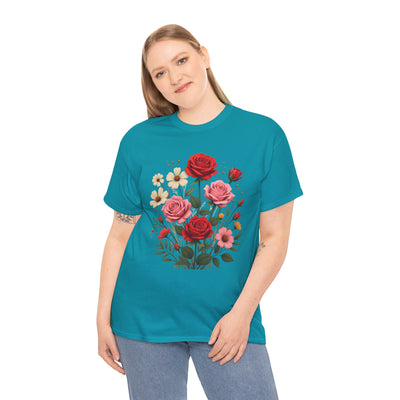 Wildflowers and Pink & Red Roses, Graphic T-Shirts for Women, Floral Shirt, Womens Short Sleeve, Ladies Graphic Tees #5134TTS