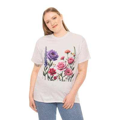 Wildflowers and Pink/Violet Roses, Graphic T-Shirts for Women, Floral Shirt, Womens Short Sleeve, Ladies Graphic Tees #5100TTS