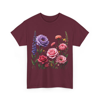 Wildflowers and Pink/Violet Roses, Graphic T-Shirts for Women, Floral Shirt, Womens Short Sleeve, Ladies Graphic Tees #5100TTS